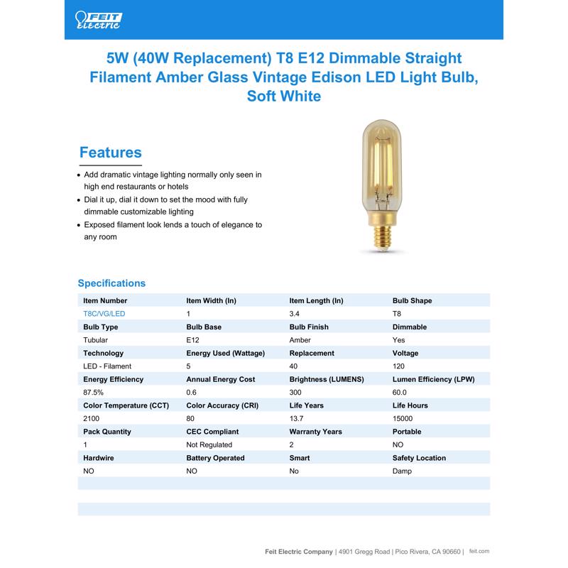 Feit LED T8 E12 (Candelabra) LED Bulb Amber 40 Watt Equivalence 1 pk