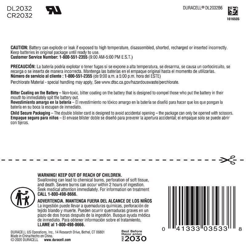 Duracell Lithium Coin 2032 3 V 265 mAh Security and Electronic Battery 6 pk