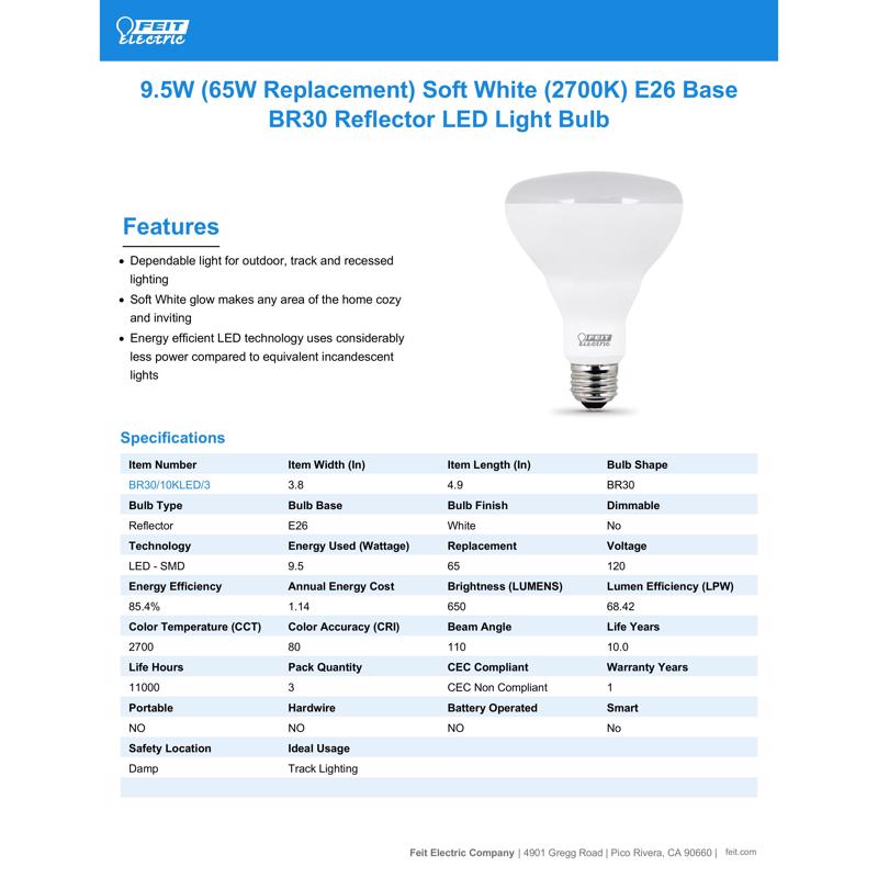 Feit LED BR30 E26 (Medium) LED Bulb Soft White 65 Watt Equivalence 3 pk