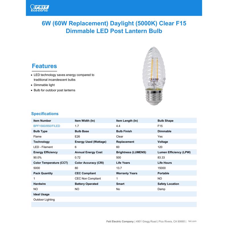 Feit LED F15 E26 (Medium) LED Bulb Daylight 60 Watt Equivalence 1 pk