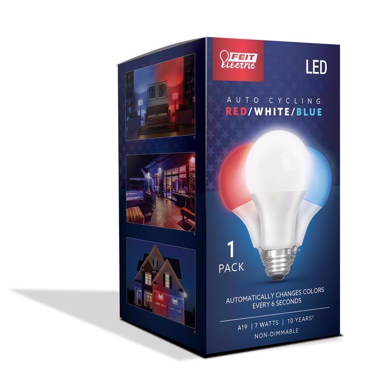 Feit LED Specialty A19 E26 (Medium) Auto Cycling LED Bulb Blue/Red/White 2 Watt Equivalence 1 pk