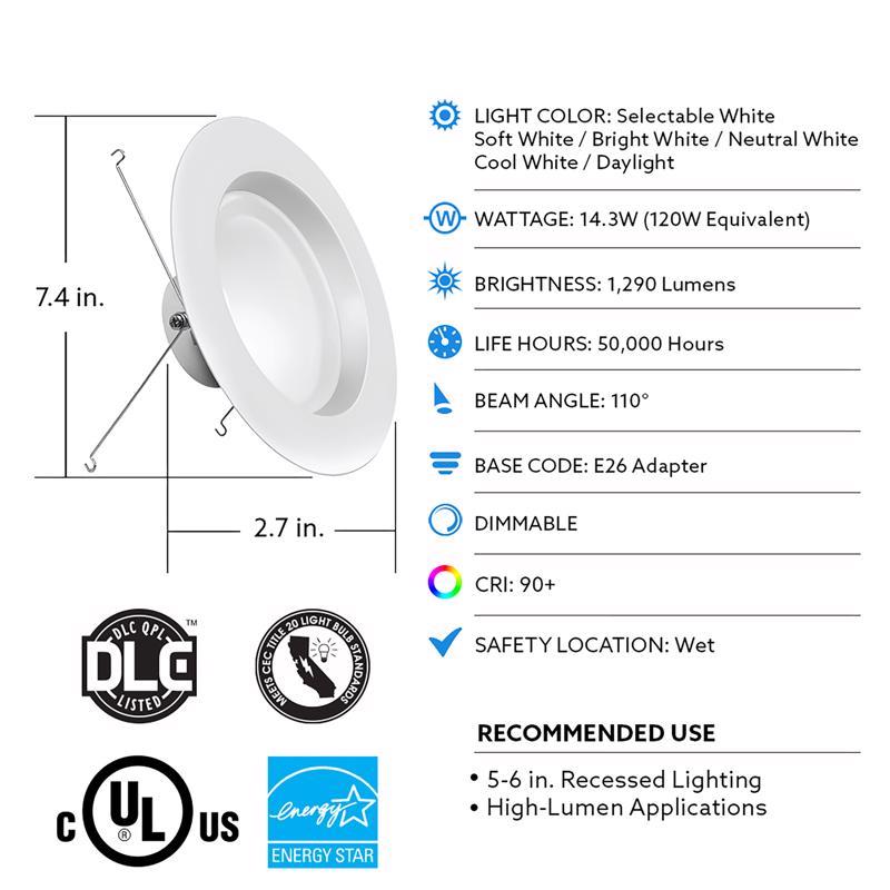 Feit Enhance White 7.5 in. W Aluminum LED Dimmable Recessed Downlight 14.3 W