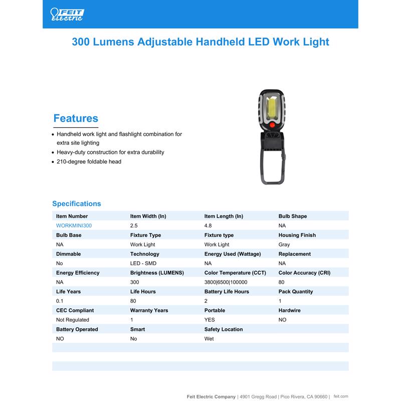 Feit 300 lm LED Battery Handheld Work Light