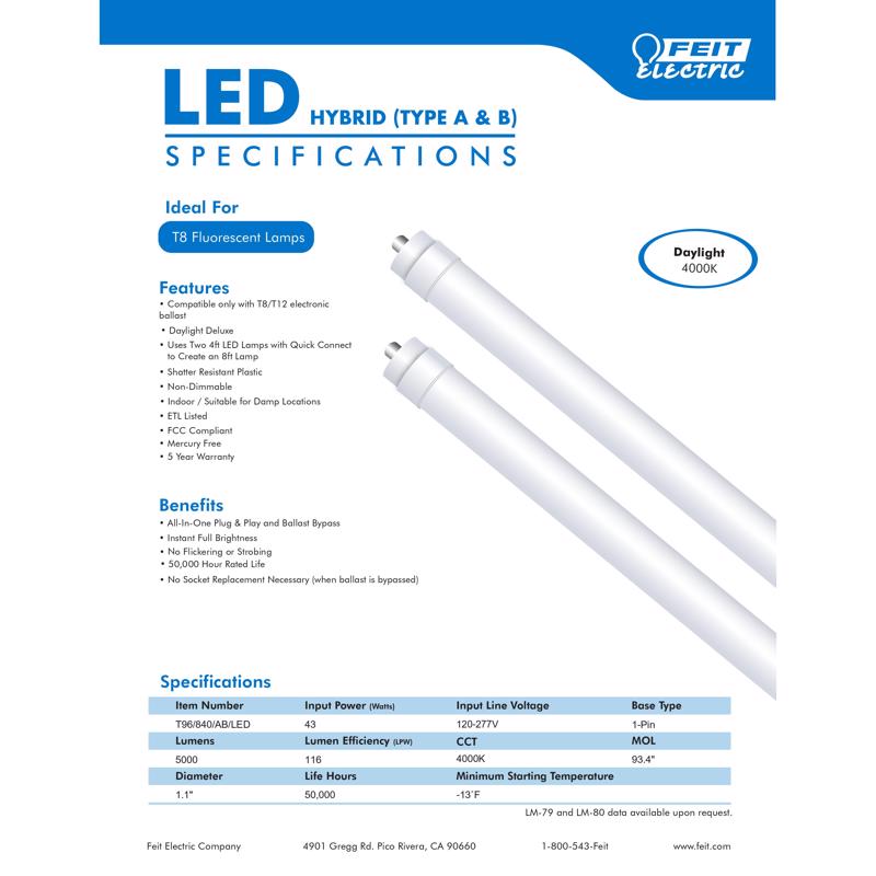 Feit LED Linears T8/T12 Cool White 93.4 in. 1-Pin Linear LED Tube Light Bulb 42 Watt Equivalence 1 p