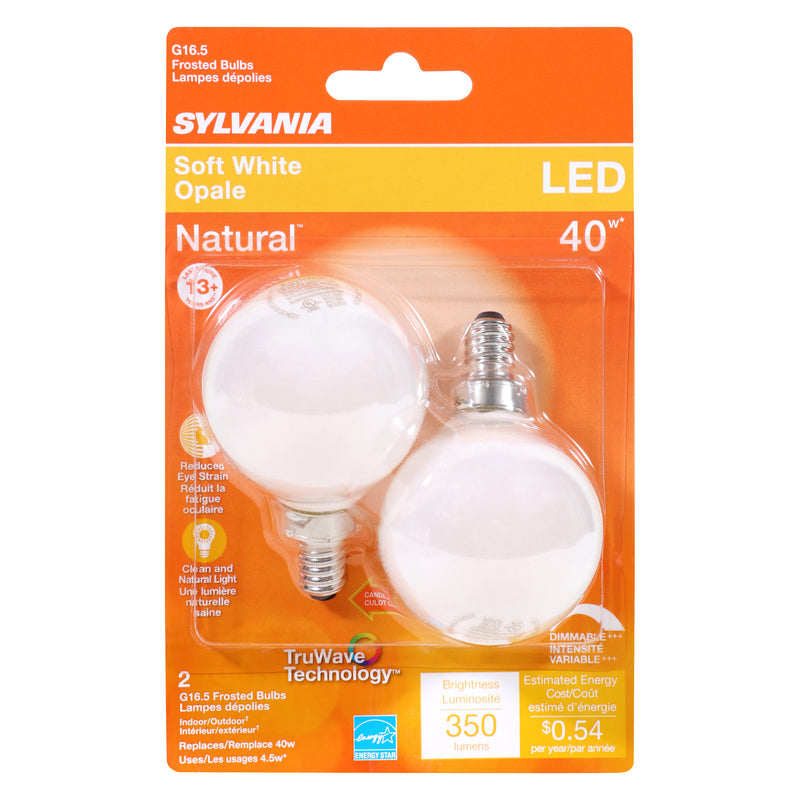 Sylvania Natural G16.5 E12 (Candelabra) LED Bulb Soft White 40 Watt Equivalence 2 pk