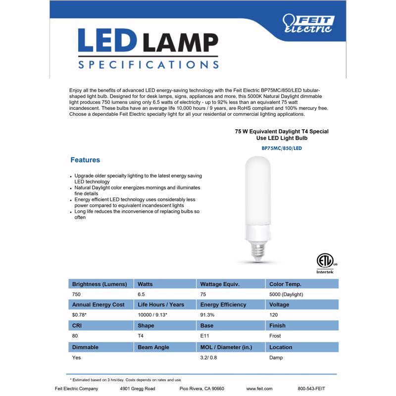 Feit LED Specialty T4 E11 LED Bulb Daylight 75 Watt Equivalence 1 pk