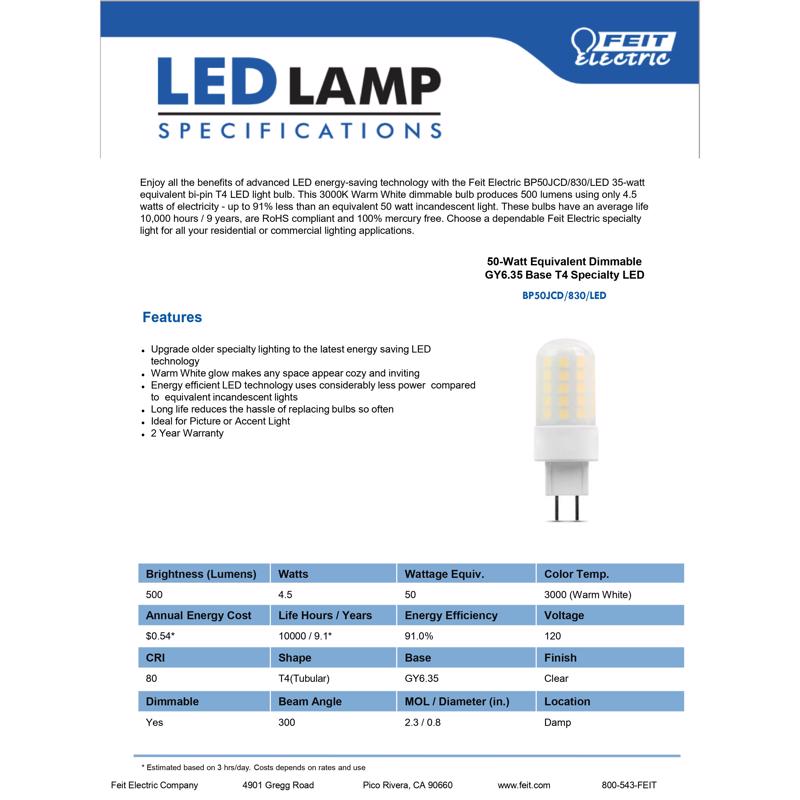 Feit LED Specialty T4 GY6.35 LED Bulb Warm White 50 Watt Equivalence 1 pk