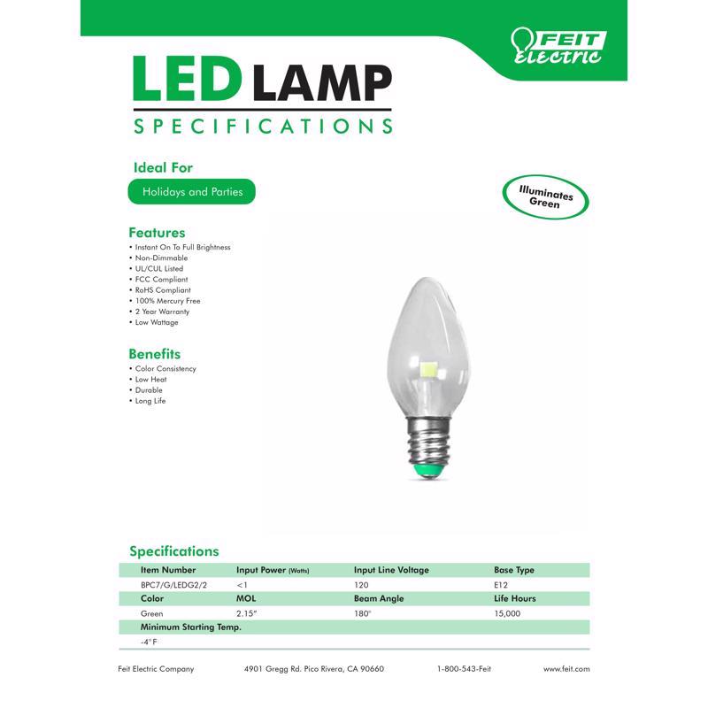 Feit LED Specialty C7 E12 (Candelabra) LED Bulb Green 0.1 Watt Equivalence 2 pk