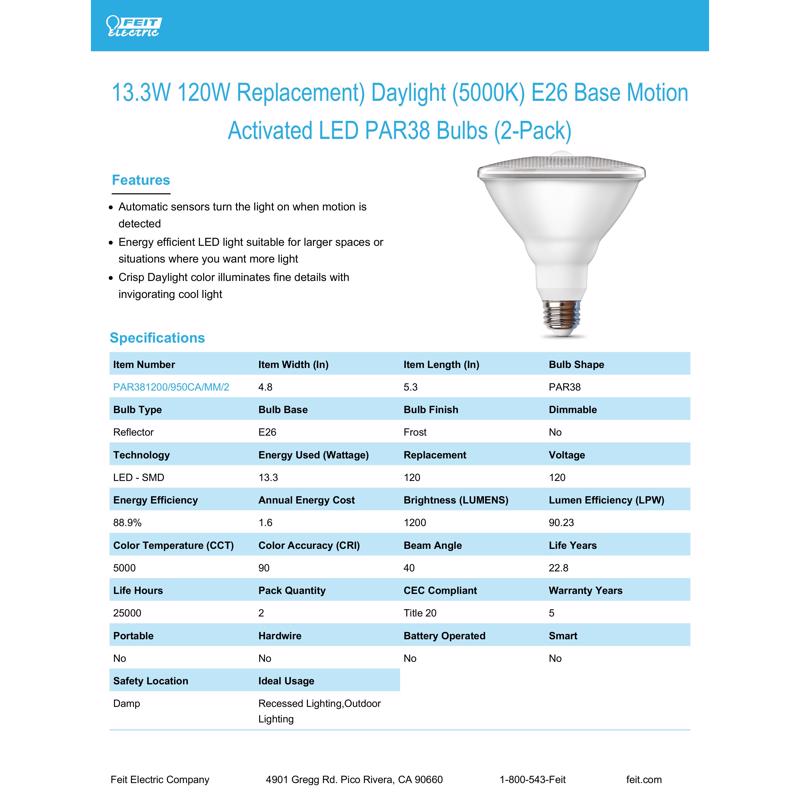 Feit LED Smart PAR38 E26 (Medium) LED Motion Activated Bulb Daylight 120 Watt Equivalence 2 pk