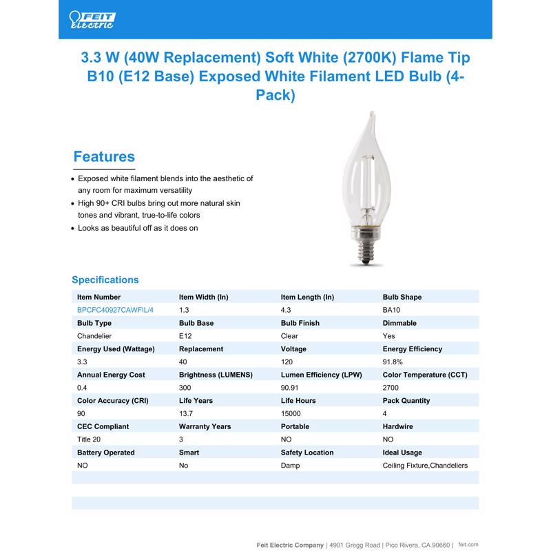 Feit White Filament BA10 E12 (Candelabra) Filament LED Bulb Soft White 40 Watt Equivalence 4 pk