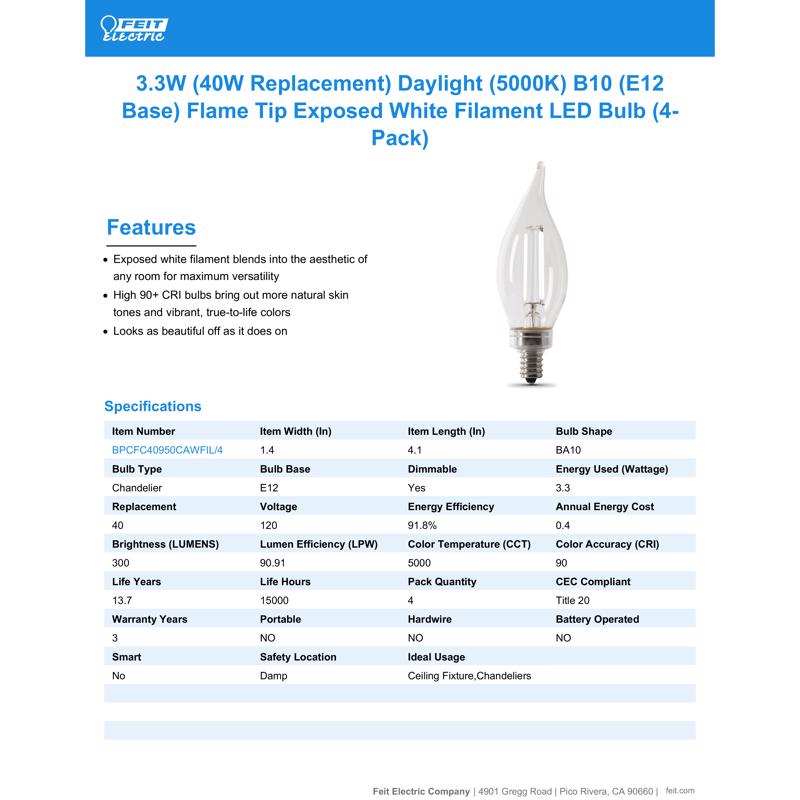 Feit White Filament BA10 E12 (Candelabra) Filament LED Bulb Daylight 40 Watt Equivalence 4 pk