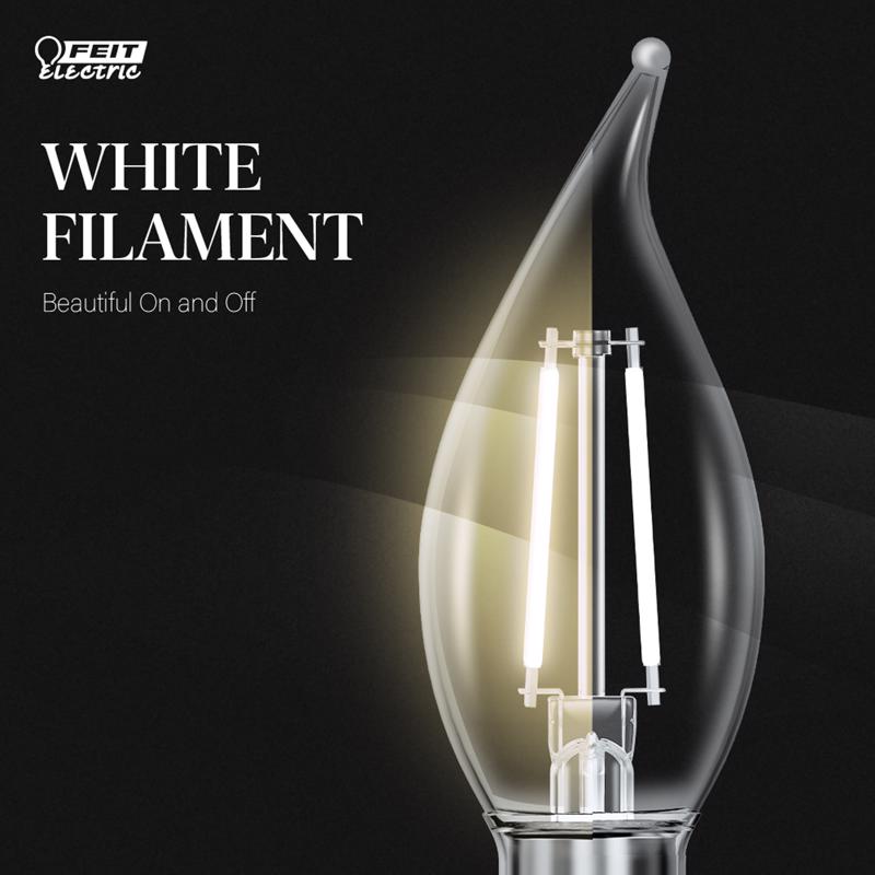 Feit White Filament BA10 E12 (Candelabra) Filament LED Bulb Soft White 60 Watt Equivalence 2 pk