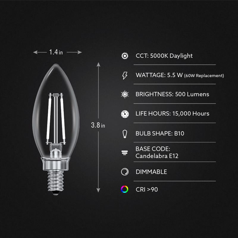 Feit White Filament BA10 E12 (Candelabra) Filament LED Bulb Daylight 60 Watt Equivalence 2 pk