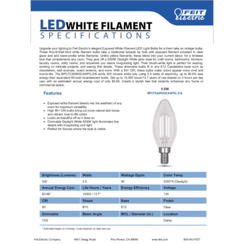 Feit White Filament BA10 E12 (Candelabra) Filament LED Bulb Daylight 60 Watt Equivalence 2 pk