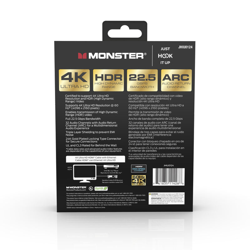 Monster Just Hook It Up 12 ft. L HDMI Cable With Ethernet 4K Ultra HD