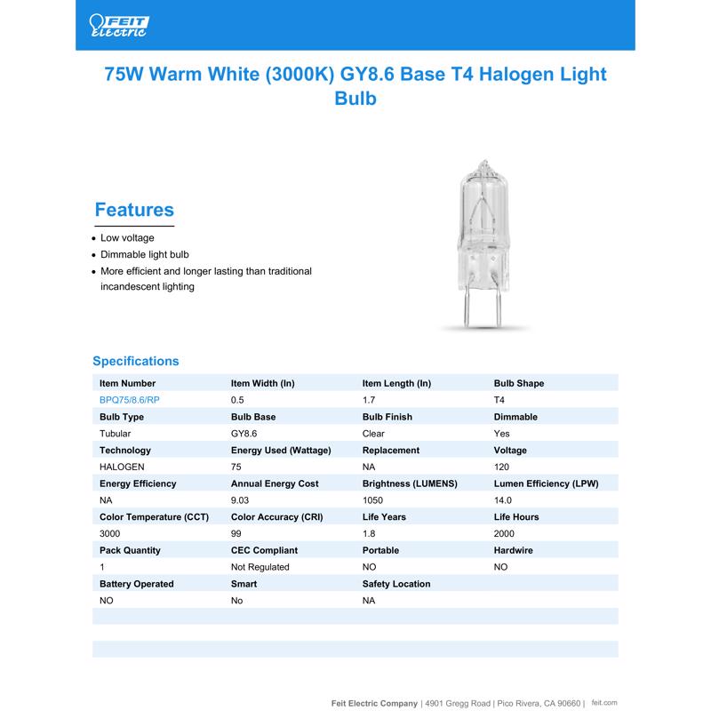 Feit 75 W T4 Tubular Halogen Bulb 1050 lm Warm White 1 pk