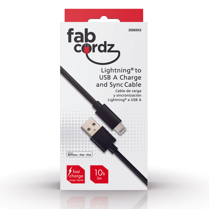 Fabcordz Lightning to USB Charge and Sync Cable 10 ft. Black