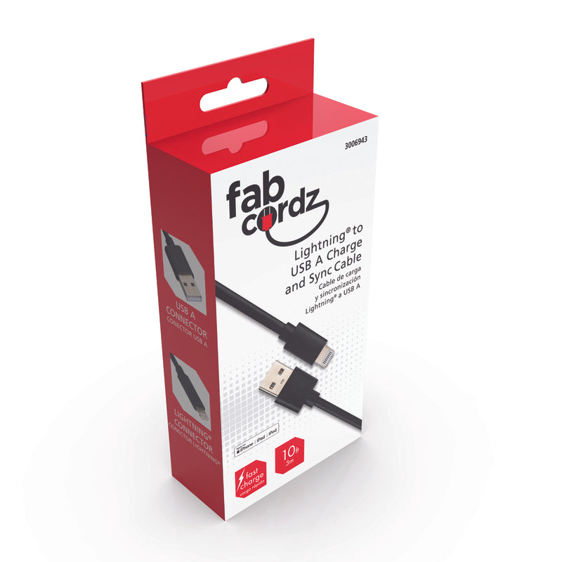 Fabcordz Lightning to USB Charge and Sync Cable 10 ft. Black