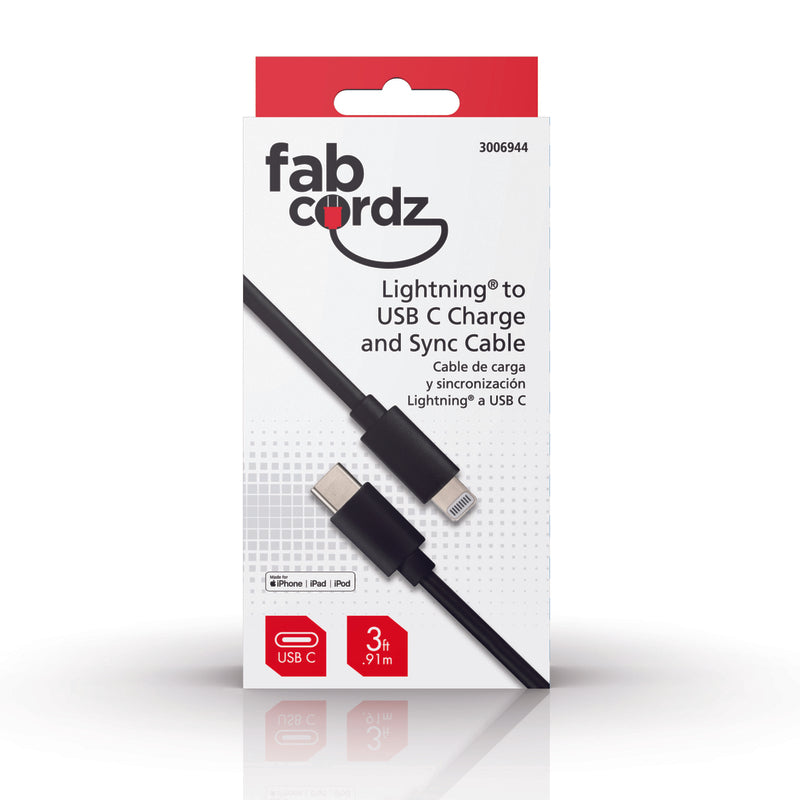 Fabcordz Lightning to USB-C Charge and Sync Cable 3 ft. Black