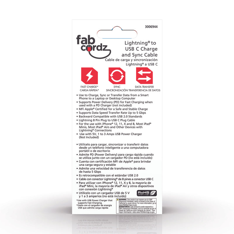 Fabcordz Lightning to USB-C Charge and Sync Cable 3 ft. Black