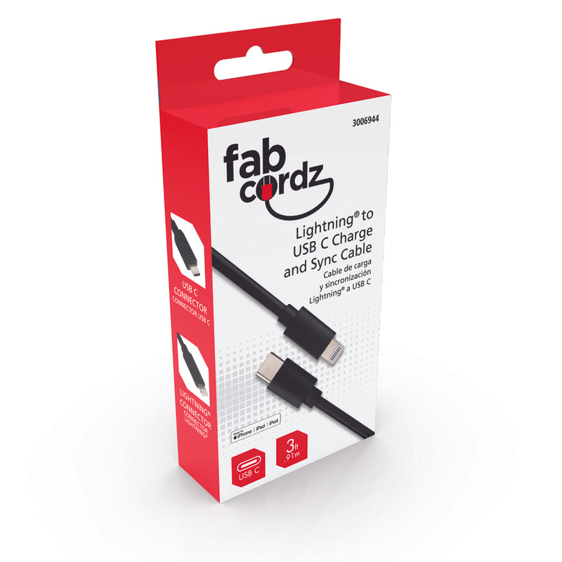 Fabcordz Lightning to USB-C Charge and Sync Cable 3 ft. Black