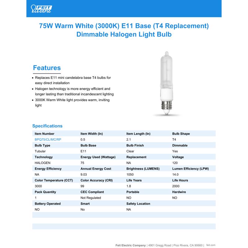 Feit 75 W T4 Tubular Halogen Bulb 1050 lm Warm White 1 pk