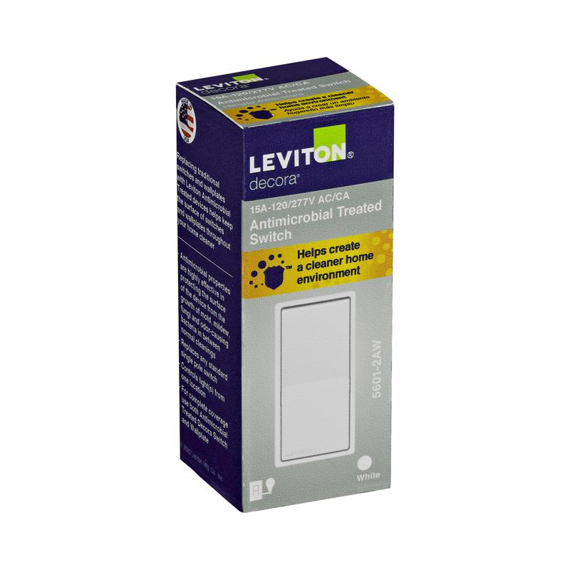 Leviton Decora 15 amps Single Pole Antimicrobial Treated Rocker AC Quiet Switch White 1 pk