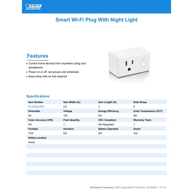 Feit Smart Home Residential Plastic Smart-Enabled Plug with Night Light 1-15R