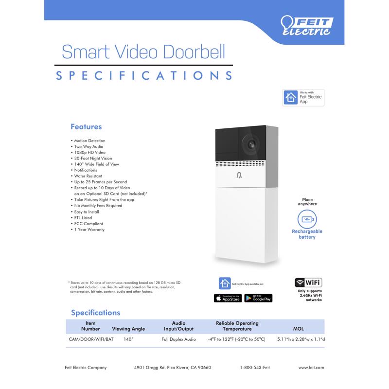 Feit Smart Home White Metal/Plastic Wireless Smart-Enabled Video Doorbell