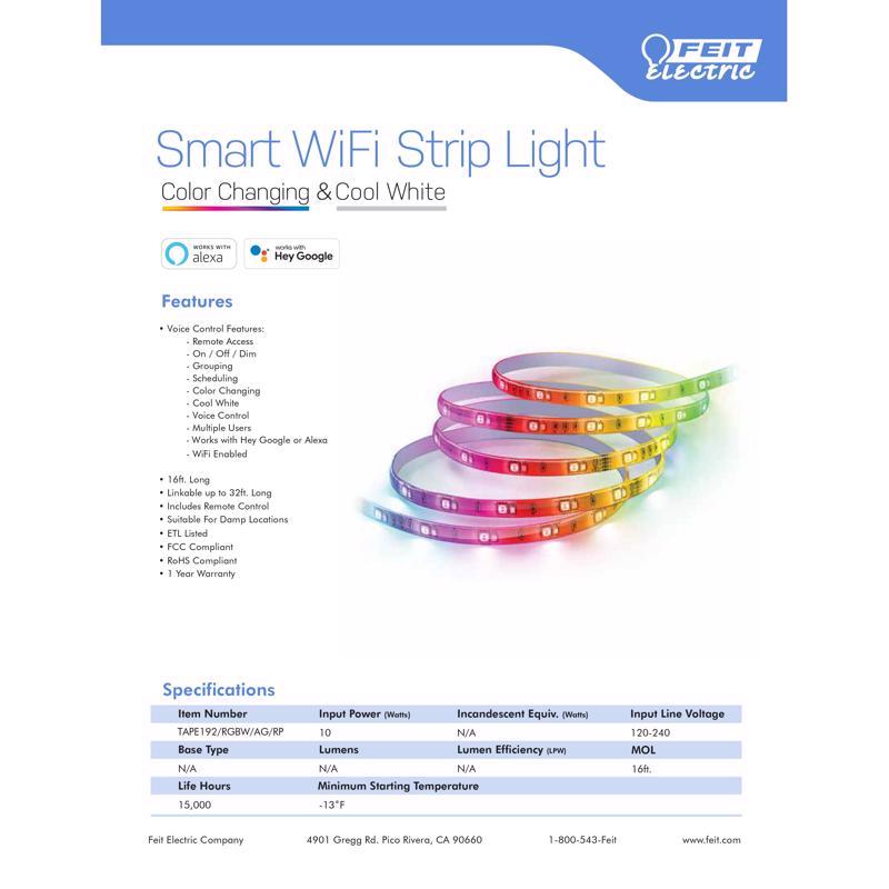 Feit Smart Home 16 ft. L Color Changing Plug-In LED Smart-Enabled Light Strip 1 pk