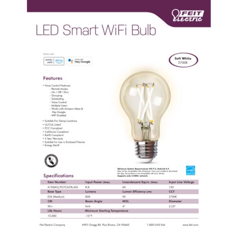 Feit Smart Home A19 E26 (Medium) Smart-Enabled LED Bulb Soft White 60 Watt Equivalence 1 pk