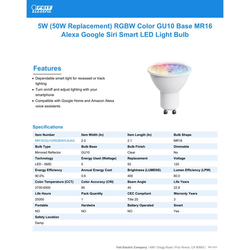 Feit Smart Home MR16 GU10 Smart-Enabled LED Bulb Color Changing 50 Watt Equivalence 1 pk