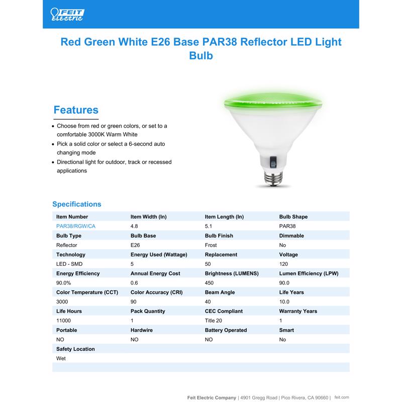 Feit PAR 38 E26 (Medium) LED Bulb Color Changing 6 Watt Equivalence 1 pk