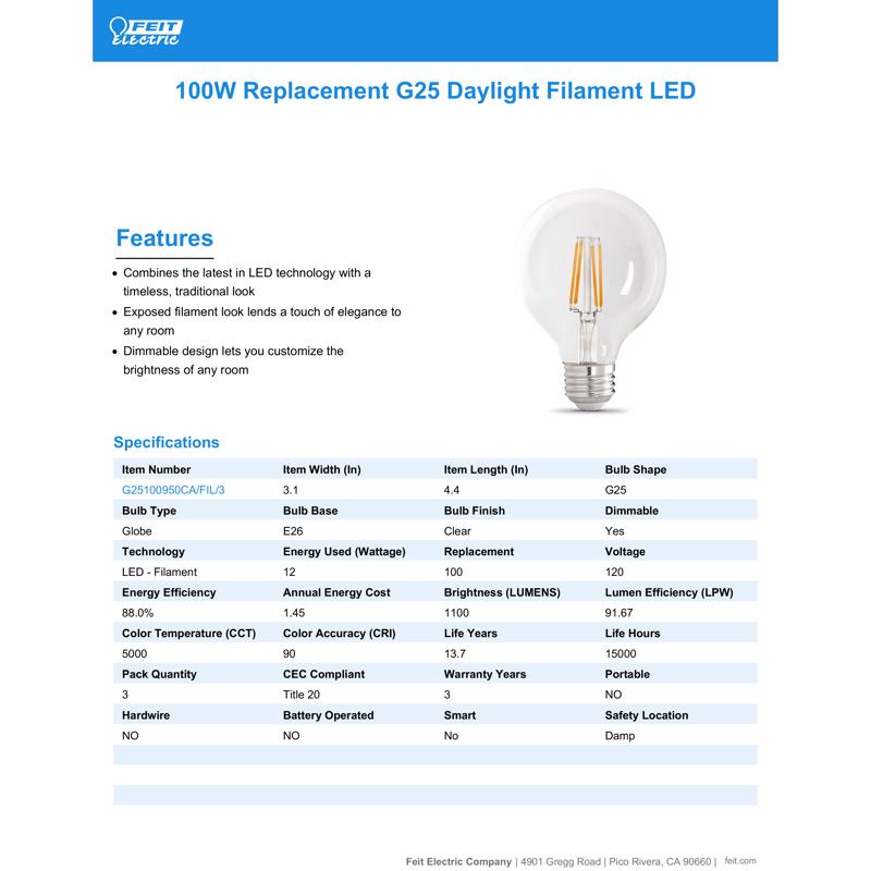 Feit G25 E26 (Medium) Filament LED Bulb Daylight 100 Watt Equivalence 3 pk