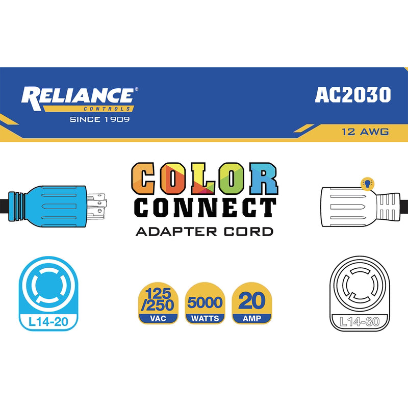 Reliance Controls Color Connect 12/3 SJTW 120/240 V 12 in. L Adapter Cord