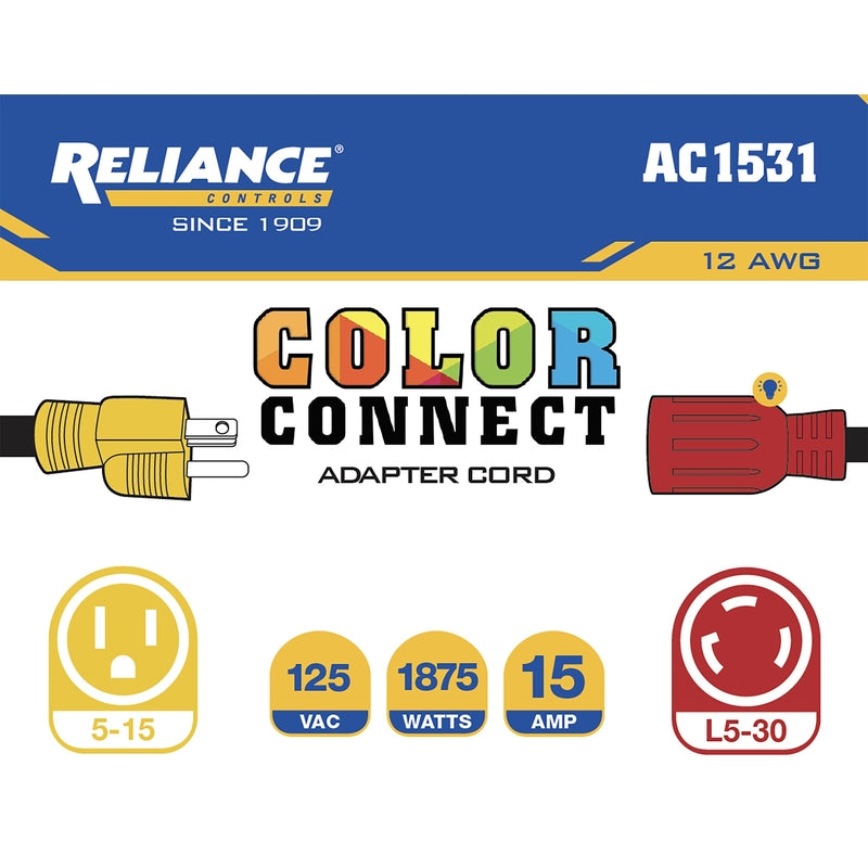 Reliance Controls Color Connect 12/3 SJTW 125 V 12 in. L Adapter Cord