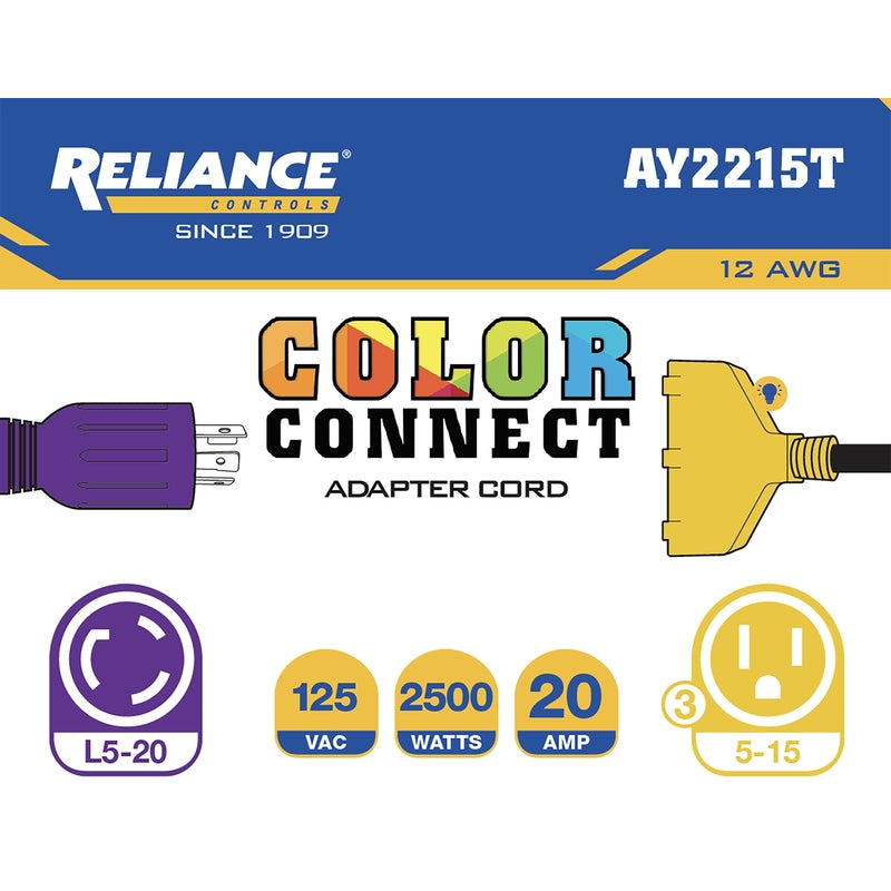 Reliance Controls Color Connect 12/3 SJTW 125 V 12 in. L Splitter Cord
