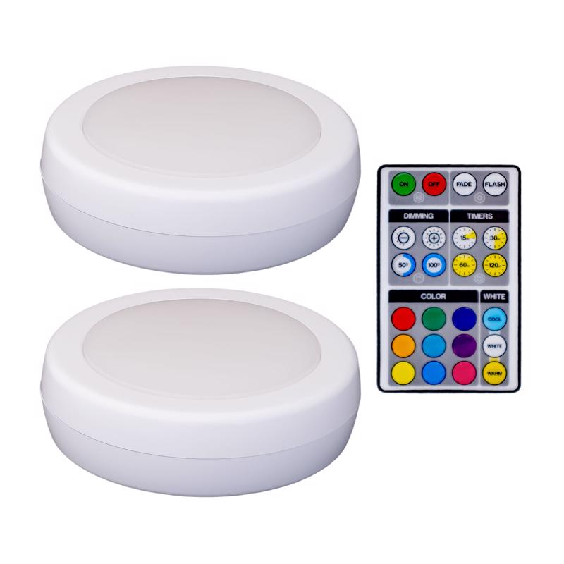 Westek White Battery Powered LED Puck Light with Remote 2 pk