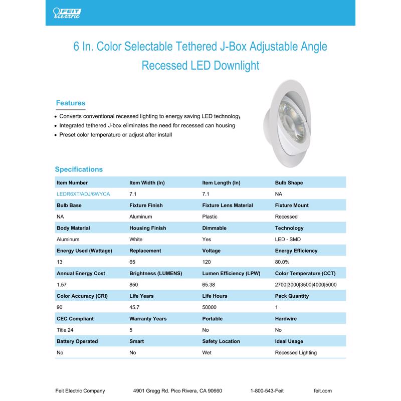 Feit LED Retrofits White 7 in. W Aluminum LED Canless Recessed Downlight 65 W