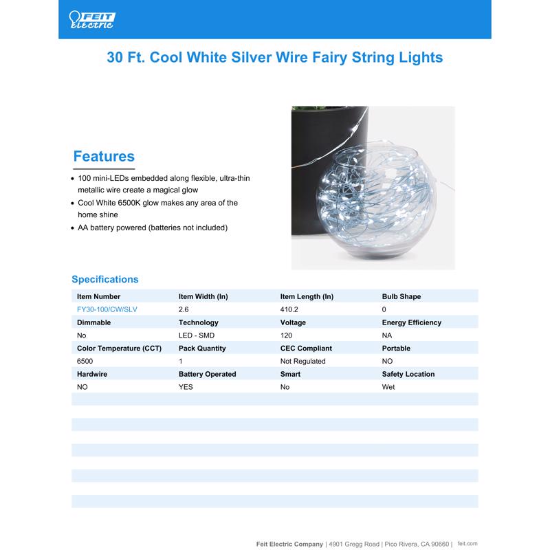 Feit String Lights LED Fairy String Lights Cool White 30 ft. 100 lights