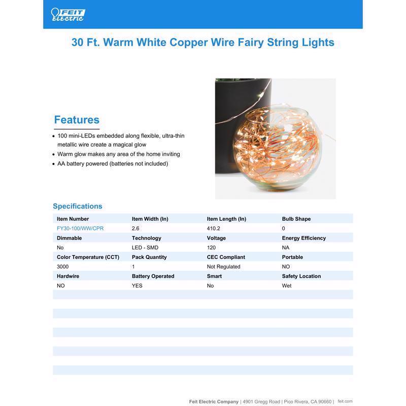 Feit String Lights LED Fairy String Lights White 30 ft. 100 lights