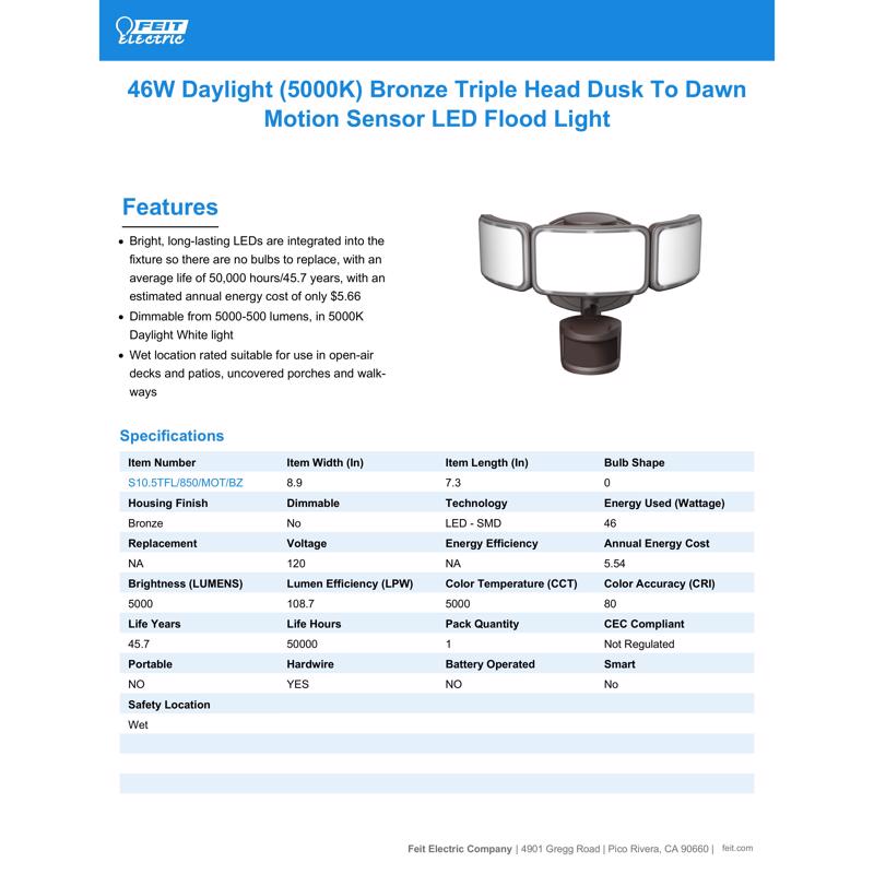 Feit Motion-Sensing Hardwired LED Bronze Security Floodlight