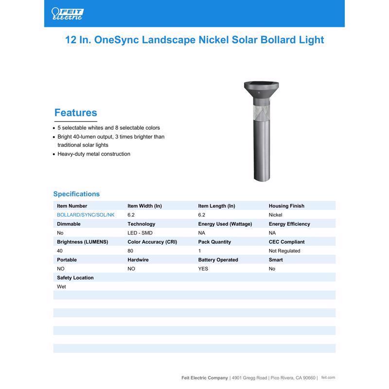 Feit OneSync Brushed Nickel Solar Powered 40 W LED Bollard Light 1 pk