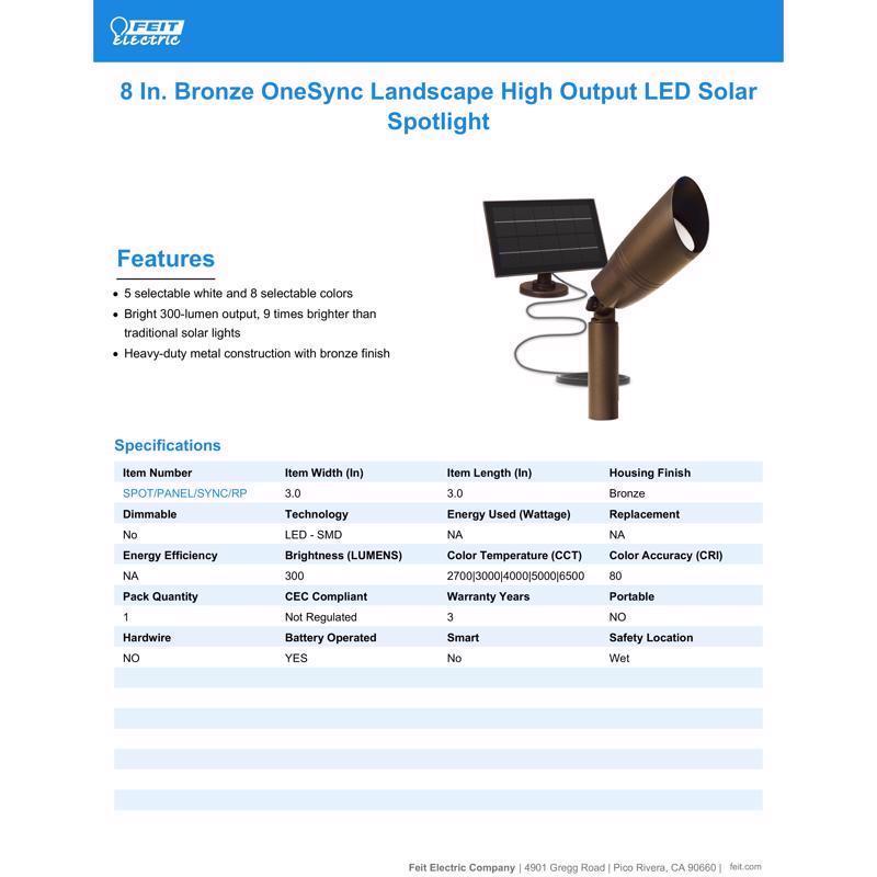Feit OneSync Solar Powered 100 W LED Spot Light Kit 1 pk