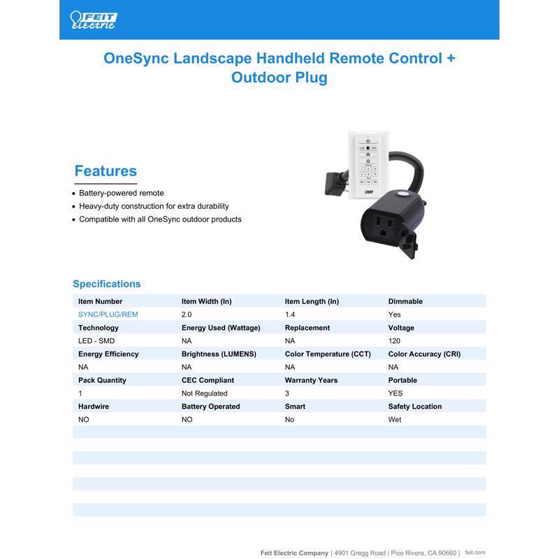 Feit OneSync 1 ft. L Plug Adapter and Remote