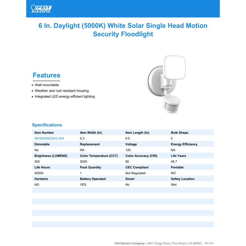 Feit LED Motion-Sensing Solar Powered LED White Security Floodlight