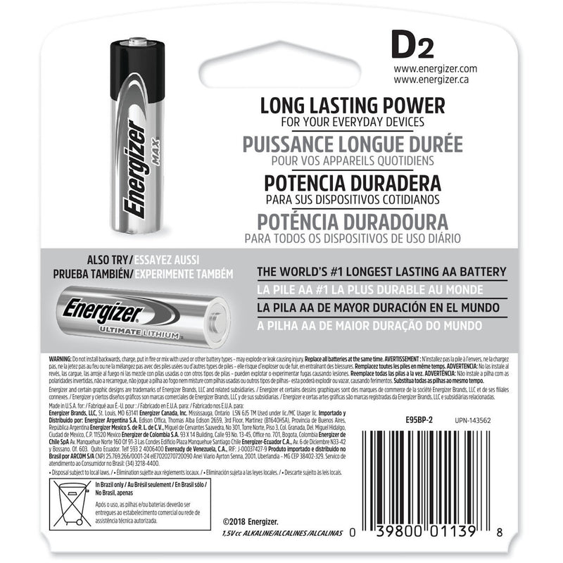 Energizer Max D Alkaline Batteries 2 pk Carded