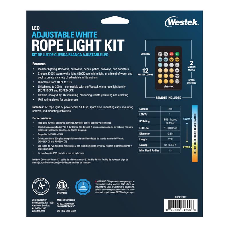 Westek 12 ft. L White Plug-In LED Rope Light Kit 275 lm