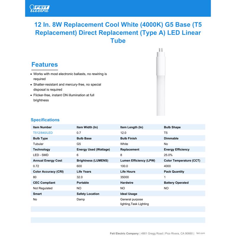 Feit T5 Cool White 12 in. Bi-pin Base Linear LED Linear Lamp 8 Watt Equivalence 1 pk