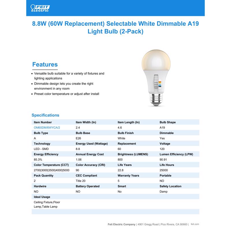 A19 60W DIMMABLE 6WY 2PK